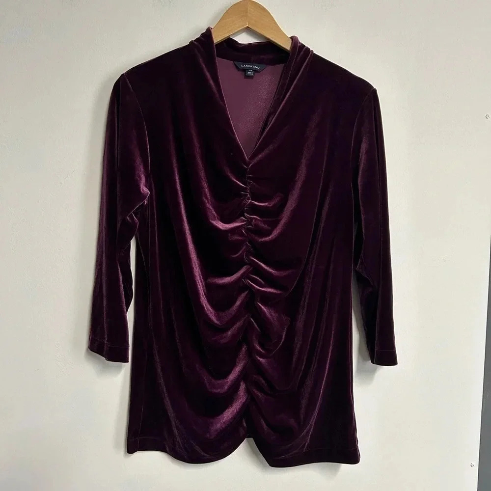 Lands' End  Women’s 14W Purple Velvet Ruched V Neck‎ Top Whimsigoth Witchy - Picture 2 of 13
